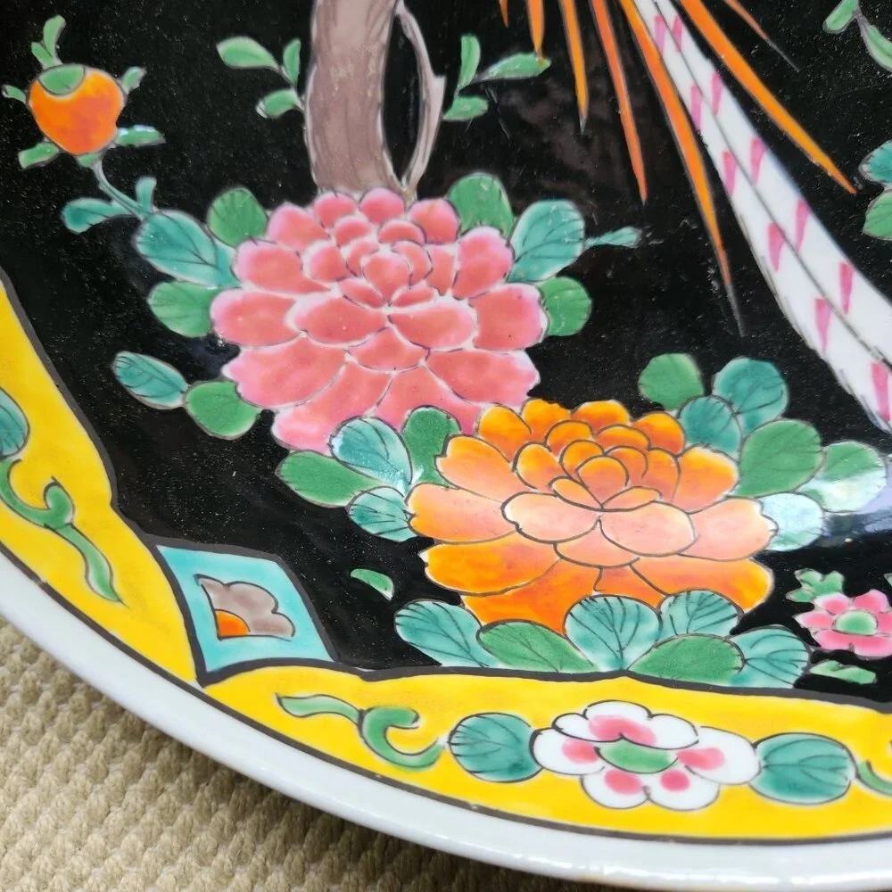Chinese Famille Noir Porcelain Serving Bowl Birds of Paradise Flower Yellow Trim